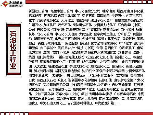 石油化工行业合作企业名录：新疆油田、塔里木油田、吐哈油田、中石化西北分公司、独山子石化、兰州石化、克拉玛依石化、辽河石化等