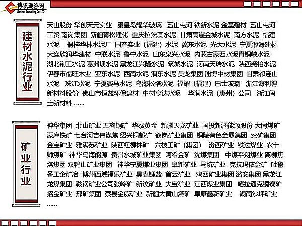建材水泥与矿业行业合作企业名录：天山股份、青松建化、冀东水泥、南方水泥、神华集团、兖矿集团、招金矿业等